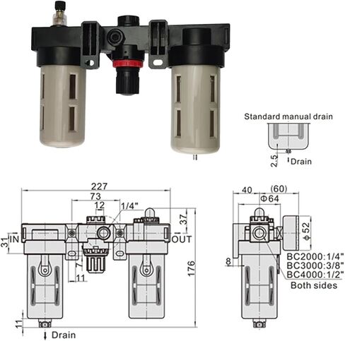 BC3000 Air Source Treatment Filter Oil Water Separator 3/8 PT Thread Pressure Regulator Kit(BC3000 PC6-03) in Saudi Arabia