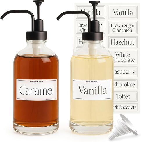 Coffee Syrup Dispensers, Set of 2, Coffee Syrup Bottles with Pump and Labels, 500 ml, Espresso Bar Accessories, Glass Bottles with Pump, Black Upgraded Dispenser, 16.9 oz in Saudi Arabia