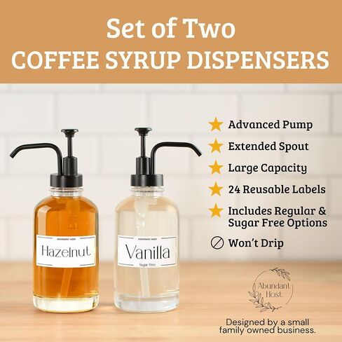 Coffee Syrup Dispensers, Set of 2, Coffee Syrup Bottles with Pump and Labels, 500 ml, Espresso Bar Accessories, Glass Bottles with Pump, Black Upgraded Dispenser, 16.9 oz in Saudi Arabia