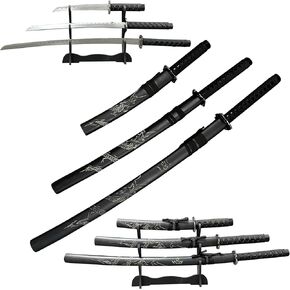 Samurai Sword مجموعة 3 قطع-1095 عالية من الصلب الكربوني-39 "31" 20 "شفرات-كاتانا الزخرفية مع الحامل-الغش الأسود المحفور in Kuwait