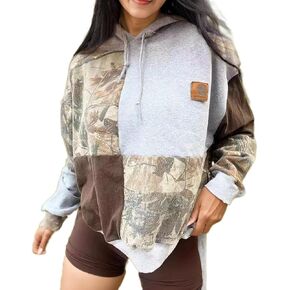 Women's Long Sleeve Hooded Drawstring Sweatshirt Casual Pullover Color-Block Top in Saudi Arabia
