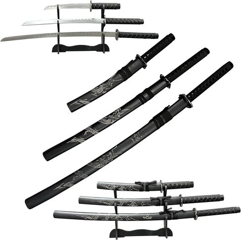 Samurai Sword مجموعة 3 قطع-1095 عالية من الصلب الكربوني-39 "31" 20 "شفرات-كاتانا الزخرفية مع الحامل-الغش الأسود المحفور in Kuwait