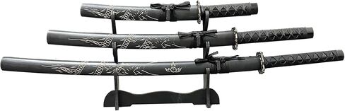 Samurai Sword مجموعة 3 قطع-1095 عالية من الصلب الكربوني-39 "31" 20 "شفرات-كاتانا الزخرفية مع الحامل-الغش الأسود المحفور in Kuwait