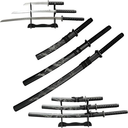 Samurai Sword مجموعة 3 قطع-1095 عالية من الصلب الكربوني-39 "31" 20 "شفرات-كاتانا الزخرفية مع الحامل-الغش الأسود المحفور in Kuwait