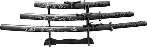Samurai Sword مجموعة 3 قطع-1095 عالية من الصلب الكربوني-39 "31" 20 "شفرات-كاتانا الزخرفية مع الحامل-الغش الأسود المحفور in Kuwait