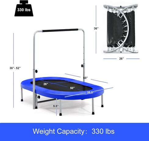 Trampoline Gymax Trampoline للبالغين ، 60 "طي القابلة للطي Trampoline داخلي مع مقبض قابل للتعديل من مستوى 5 مستويات ، وسادات غير قابلة للانزلاق ، تجميع سهلة لتمرين اللياقة البدنية ، Max Load 330 رطلاً in Kuwait