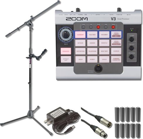 Zoom V3 Multi-Affects المعالج الصوتي مع HRM-7 مسجلة مفيدة ، حامل ميكروفون بوم ، AD-16 9V 500MA وبطاريات 10x AA in Saudi Arabia