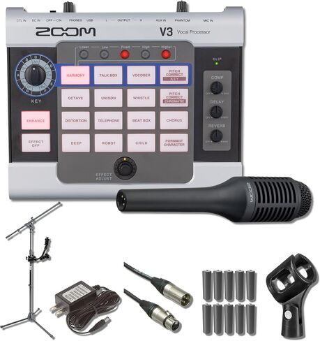Zoom V3 Multi-Effects Vocal Processor with HRM-11 Handy Recorder Mount, SGV-6 Directional Shotgun Vocal Microphone, Euro Boom Microphone Stand, AD-16 9V Power Supply and 10x AA Batteries in Saudi Arabia