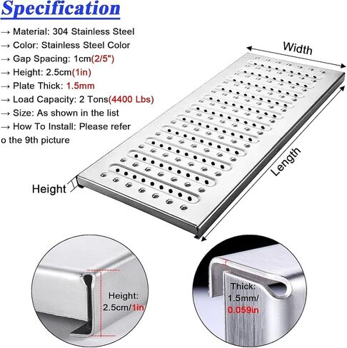 1pc 10-40cm Wide Square Drain Grate for Basement, Driveway, Yard & Garden - 304ss, Heavy Duty, Easy Install(58cmx25cmx2.5cm) in Kuwait