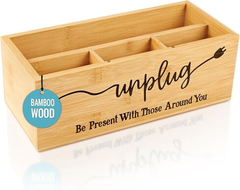 Bamboo Wood Phone Box – Unplug from Phones, Tablets, and Electronics for Study, Meetings, and Family Time, Phone Holder Organizer with Charging Holes, Farmhouse Style, Holds Up to 18 Phones-Black in Kuwait