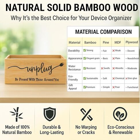 Bamboo Wood Phone Box – Unplug from Phones, Tablets, and Electronics for Study, Meetings, and Family Time, Phone Holder Organizer with Charging Holes, Farmhouse Style, Holds Up to 18 Phones-Black in Kuwait