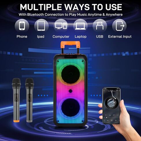 Ktaxon Karaoke Machine with 2 Wireless Microphones, Portable Outdoor & Indoor Bluetooth Speaker with Multi Light Modes, 12" Speakers for Party, Home, Game, DJ, Adults in Saudi Arabia