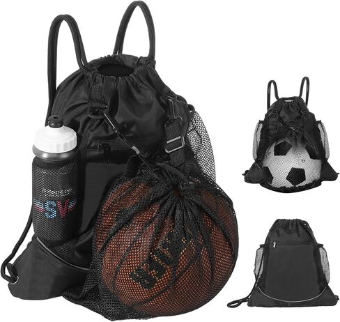 MoKo Drawstring Basketball Backpack, Sports Gym Bag Soccer Backpack with Two Water Bottle Holder, Foldable Mesh Ball Bag Portable Basketball Bag for Football Volleyball Baseball Yoga, Black in Saudi Arabia