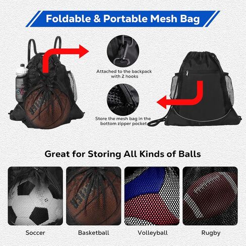 MoKo Drawstring Basketball Backpack, Sports Gym Bag Soccer Backpack with Two Water Bottle Holder, Foldable Mesh Ball Bag Portable Basketball Bag for Football Volleyball Baseball Yoga, Black in Saudi Arabia