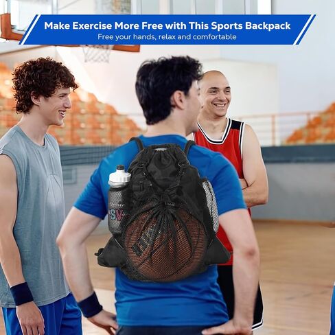 MoKo Drawstring Basketball Backpack, Sports Gym Bag Soccer Backpack with Two Water Bottle Holder, Foldable Mesh Ball Bag Portable Basketball Bag for Football Volleyball Baseball Yoga, Black in Saudi Arabia
