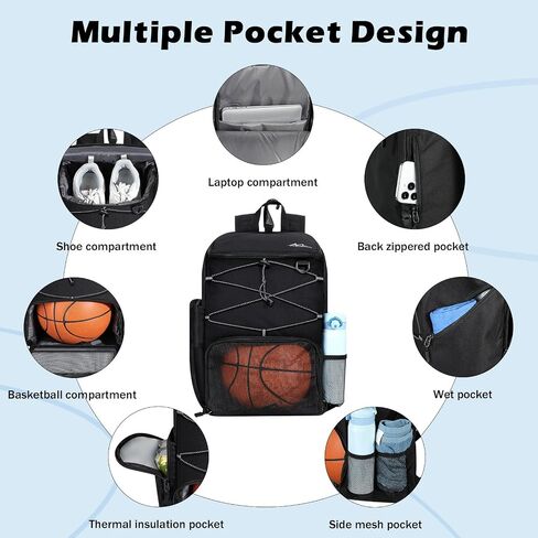 MoKo Basketball Bag, Basketball Backpack with Breathable Shoe Bag, Backpack with Multiple Pockets, Hidden Fence Hook & Charging Port for Ball Sport Lovers, Black in Saudi Arabia
