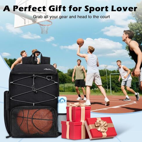MoKo Basketball Bag, Basketball Backpack with Breathable Shoe Bag, Backpack with Multiple Pockets, Hidden Fence Hook & Charging Port for Ball Sport Lovers, Black in Saudi Arabia
