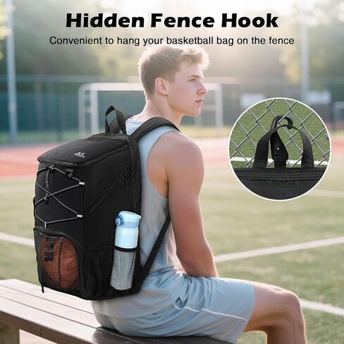 MoKo Basketball Bag, Basketball Backpack with Breathable Shoe Bag, Backpack with Multiple Pockets, Hidden Fence Hook & Charging Port for Ball Sport Lovers, Black in Saudi Arabia