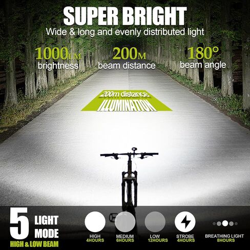 Bike Lights for Night Riding - Aidisun Front Bicycle Light with High/Low Beam 1000 Lumens LED Bike Headlight Rechargeable, Lightweight, Max 12 Hours Battery Life, IP65 Waterproof, 2 Mounting Options in Saudi Arabia