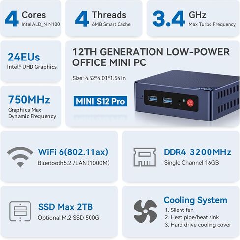 Beelink Mini S12 Mini PC ، Intel 12th N95 (حتى 3.4 جيجا هرتز) كمبيوتر صغير ، 8 جيجا بايت DDR4 256GB M.2 SSD Micro PC Support 4K@60Hz Display HDMI Display/WiFi 5/BT4.2/USB3.2/1000MBPS LAN/WOL HOME in Kuwait