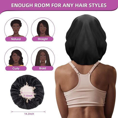 Atudew Satin Bonnet, 2PCS Silk Bonnet for Curly Hair, Silk Sleep Cap, Black & Purple in Saudi Arabia