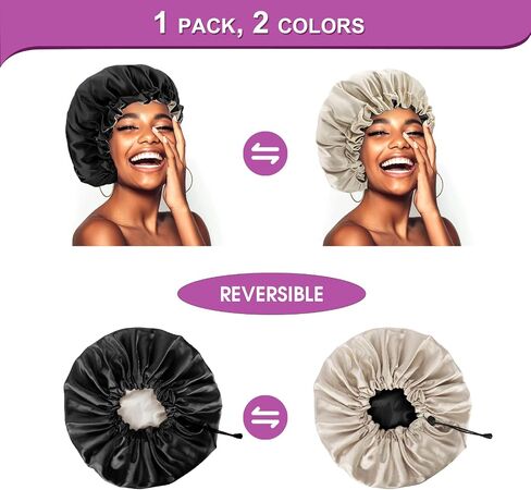 Atudew Satin Bonnet, 2PCS Silk Bonnet for Curly Hair, Silk Sleep Cap, Black & Purple in Saudi Arabia