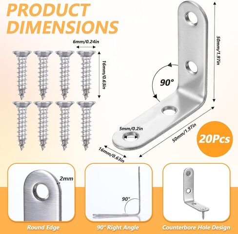 20 PCS L Bracket Corner Braces 2 بوصة من الفولاذ المقاوم للصدأ المقاوم للصدأ قوس الرف الشاق للرسوم لرفوف الخشب ، ودعم معلق الجدار 90 درجة بين قوسين زاوية يمين مع مسامير in Saudi Arabia