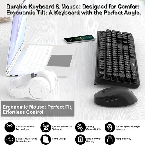 Cream Wireless Keyboard Mouse, COOFUN 104 Keys Full Size White Keyboard Ergonomic Cordless Keyboards Cute Colorful Retro Typewriter Key Board for Windows, PC, Laptop, Desktop (Creamy) in Kuwait