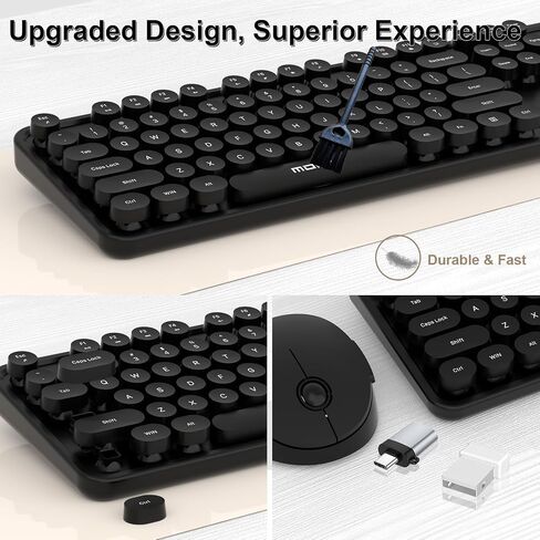Cream Wireless Keyboard Mouse, COOFUN 104 Keys Full Size White Keyboard Ergonomic Cordless Keyboards Cute Colorful Retro Typewriter Key Board for Windows, PC, Laptop, Desktop (Creamy) in Kuwait