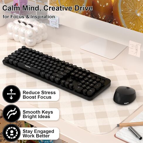 Cream Wireless Keyboard Mouse, COOFUN 104 Keys Full Size White Keyboard Ergonomic Cordless Keyboards Cute Colorful Retro Typewriter Key Board for Windows, PC, Laptop, Desktop (Creamy) in Kuwait
