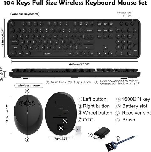 Cream Wireless Keyboard Mouse, COOFUN 104 Keys Full Size White Keyboard Ergonomic Cordless Keyboards Cute Colorful Retro Typewriter Key Board for Windows, PC, Laptop, Desktop (Creamy) in Kuwait