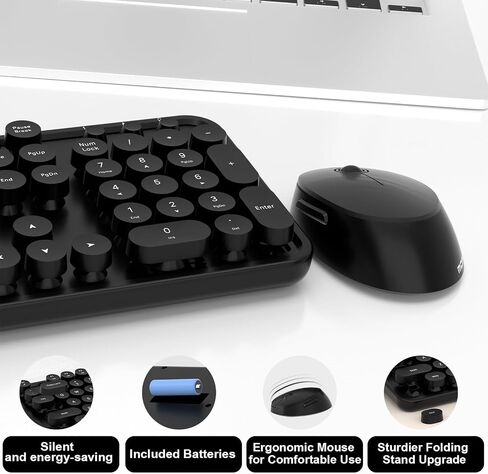 Cream Wireless Keyboard Mouse, COOFUN 104 Keys Full Size White Keyboard Ergonomic Cordless Keyboards Cute Colorful Retro Typewriter Key Board for Windows, PC, Laptop, Desktop (Creamy) in Kuwait