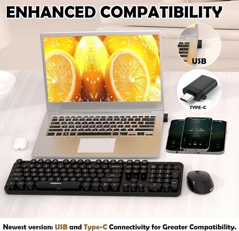 Cream Wireless Keyboard Mouse, COOFUN 104 Keys Full Size White Keyboard Ergonomic Cordless Keyboards Cute Colorful Retro Typewriter Key Board for Windows, PC, Laptop, Desktop (Creamy) in Kuwait