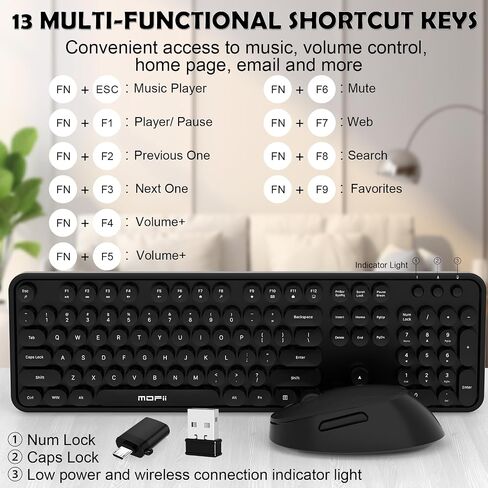 Cream Wireless Keyboard Mouse, COOFUN 104 Keys Full Size White Keyboard Ergonomic Cordless Keyboards Cute Colorful Retro Typewriter Key Board for Windows, PC, Laptop, Desktop (Creamy) in Kuwait
