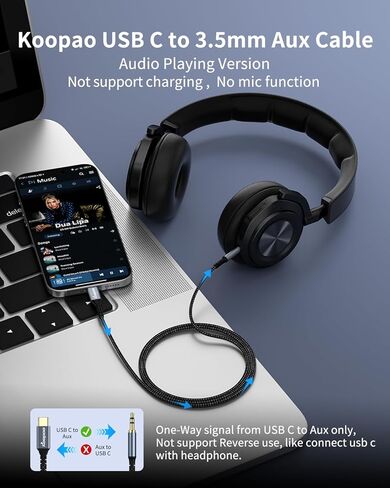 KOOPAO USB Type C to 3.5mm Audio Aux Cable [4ft], with DAC Decoding Protect Headphone Friendly Slim Plug USBC Aux Cord Compatible for iPhone 15 16 Pro Max Samsung Galaxy S25 S24 Car Stereo Grey in Kuwait