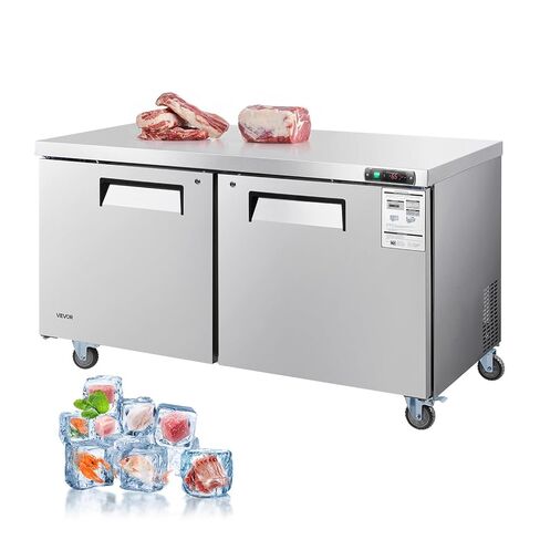 VEVOR 60" W Commercial Freezer, 14.8 Cu.Ft Worktop Freezers Undercounter with LED Auto Lighting and Lockable Door, 2 Doors Food Freezing Prep Worktable, Stainless Steel Prep Frozen Table with Casters in Saudi Arabia