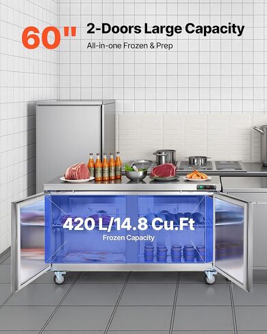 VEVOR 60" W Commercial Freezer, 14.8 Cu.Ft Worktop Freezers Undercounter with LED Auto Lighting and Lockable Door, 2 Doors Food Freezing Prep Worktable, Stainless Steel Prep Frozen Table with Casters in Saudi Arabia