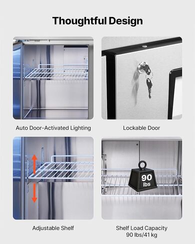 VEVOR 60" W Commercial Freezer, 14.8 Cu.Ft Worktop Freezers Undercounter with LED Auto Lighting and Lockable Door, 2 Doors Food Freezing Prep Worktable, Stainless Steel Prep Frozen Table with Casters in Saudi Arabia