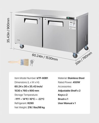 VEVOR 60" W Commercial Freezer, 14.8 Cu.Ft Worktop Freezers Undercounter with LED Auto Lighting and Lockable Door, 2 Doors Food Freezing Prep Worktable, Stainless Steel Prep Frozen Table with Casters in Saudi Arabia