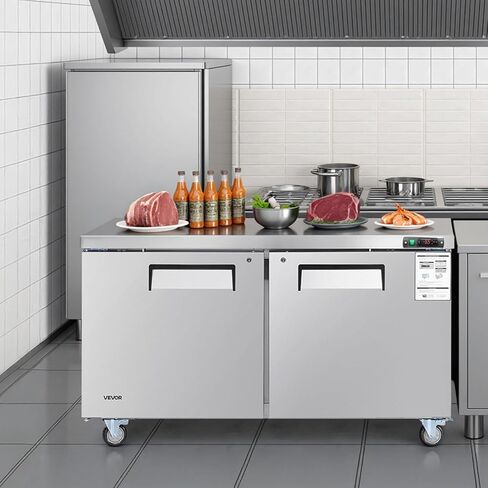VEVOR 60" W Commercial Freezer, 14.8 Cu.Ft Worktop Freezers Undercounter with LED Auto Lighting and Lockable Door, 2 Doors Food Freezing Prep Worktable, Stainless Steel Prep Frozen Table with Casters in Saudi Arabia