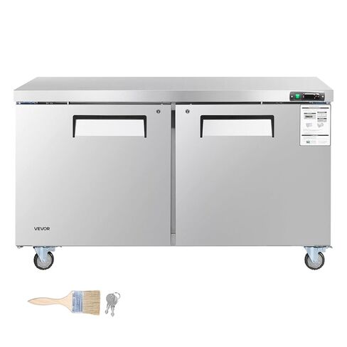 VEVOR 60" W Commercial Freezer, 14.8 Cu.Ft Worktop Freezers Undercounter with LED Auto Lighting and Lockable Door, 2 Doors Food Freezing Prep Worktable, Stainless Steel Prep Frozen Table with Casters in Saudi Arabia