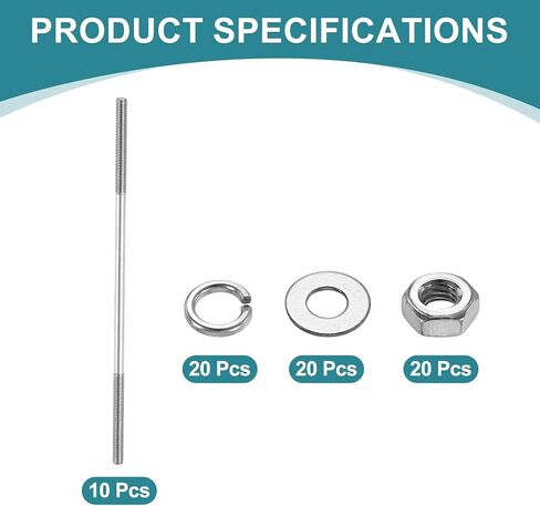 uxcell 5pcs Double Ended Stud Screws, M8x65mm 304 Stainless Steel Dual Threaded Rod Bolts with Nuts and Flat & Lock Washers Double End Threaded Stud Screw Bolt for House Maintenance in Saudi Arabia