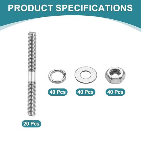 Uxcell 5pcs مسامير مسمار مزدوجة نهاية ، M8x65mm 304 من الفولاذ المقاوم للصدأ براغي قضبان ملولبة مزدوجة مع المكسرات وغسالات مسطحة وقفل الطرف مزدوج ملولب المسمار لصيانة المنزل in Saudi Arabia