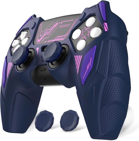 PlayVital Mecha Rhino Silicone Cover for ps5 Controller with Thumb Grips & Stickers, Anti-Slip Controller Grip Skin Accessories Compatible with ps5 Charging Station - Midnight Blue & Purple in Saudi Arabia
