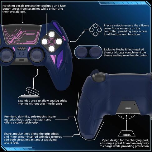 PlayVital Mecha Rhino Silicone Cover for ps5 Controller with Thumb Grips & Stickers, Anti-Slip Controller Grip Skin Accessories Compatible with ps5 Charging Station - Midnight Blue & Purple in Saudi Arabia