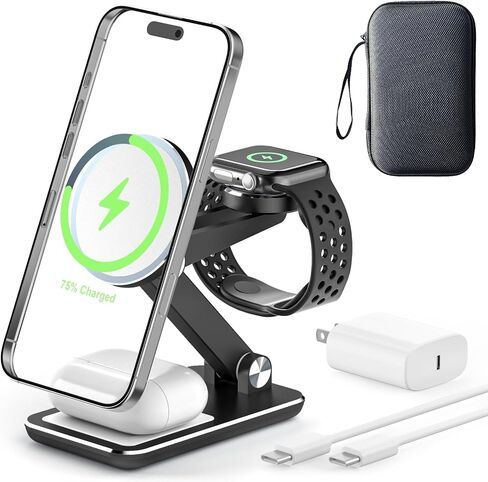 Wireless Charger 3 in 1,Foldable Wireless Charging Station for Apple MagSafe Charger,Aluminum Portable Magnetic Travel Charger Stand, Nightstand Charging Station for iPhone,Airpods,Watch (20W Adapter) in Saudi Arabia