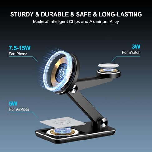 Wireless Charger 3 in 1,Foldable Wireless Charging Station for Apple MagSafe Charger,Aluminum Portable Magnetic Travel Charger Stand, Nightstand Charging Station for iPhone,Airpods,Watch (20W Adapter) in Saudi Arabia