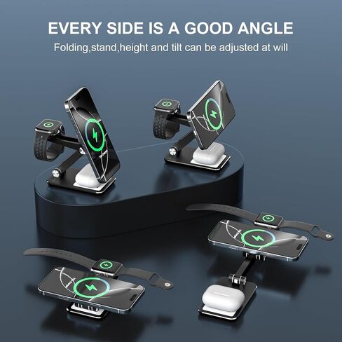 Wireless Charger 3 in 1,Foldable Wireless Charging Station for Apple MagSafe Charger,Aluminum Portable Magnetic Travel Charger Stand, Nightstand Charging Station for iPhone,Airpods,Watch (20W Adapter) in Saudi Arabia