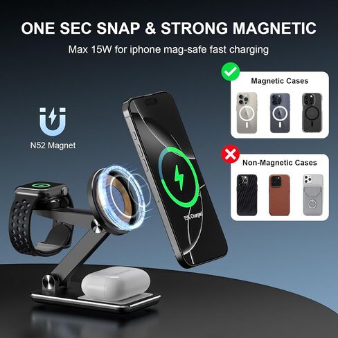 Wireless Charger 3 in 1,Foldable Wireless Charging Station for Apple MagSafe Charger,Aluminum Portable Magnetic Travel Charger Stand, Nightstand Charging Station for iPhone,Airpods,Watch (20W Adapter) in Saudi Arabia