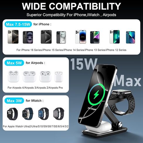 Wireless Charger 3 in 1,Foldable Wireless Charging Station for Apple MagSafe Charger,Aluminum Portable Magnetic Travel Charger Stand, Nightstand Charging Station for iPhone,Airpods,Watch (20W Adapter) in Saudi Arabia